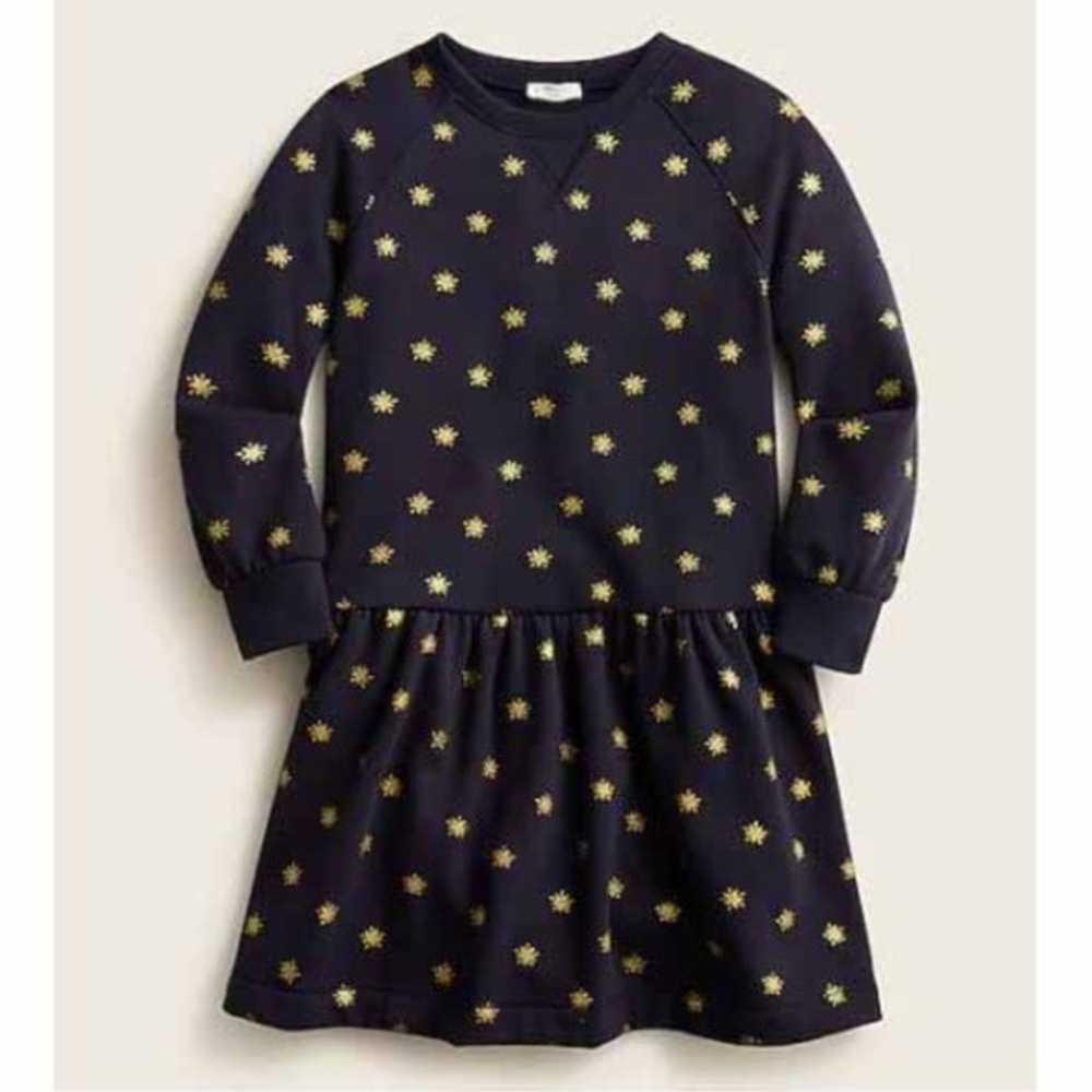 NWT Crewcuts x J. Crew Fleece Drop-Waist Dress Navy & Metallic Gold Star | 12